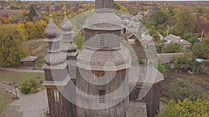 Aerial ancient wooden Cossacks St George Church in Ukrainian village Sedniv near Chernihiv