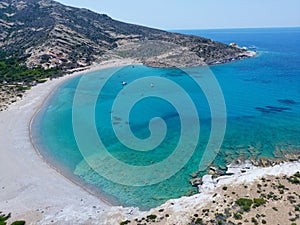 Aerial of the Ano Mersini Beach in Polyaigos, Cyclades, Aegean Sea,