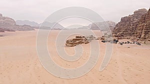 Aerial approach to bedouin camp in the desert of Wadi Rum.