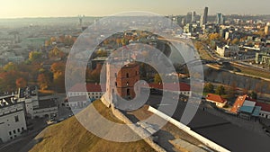 Aerial arc morning view of Gediminas` Tower in the centre of Vilnius