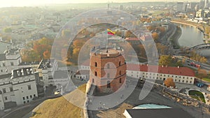 Aerial arc morning view of Gediminas` Tower in the centre of Vilnius