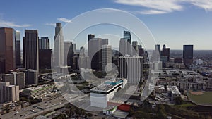 Aerial, ascending hyper lapse of Los Angeles skyline