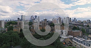 Aerial ascending view of the skyline of the city of London