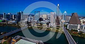 Aerial Austin Texas Over Town Lake With Bridges and Downtown Skyline Clear Blue Sky Day Time Aerial Drone Flying Over Austin