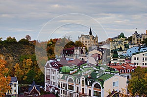 Aerial autumn landscape view of Andrew descent Podil neighborhood. The Richard`s Castle-Lion Heart