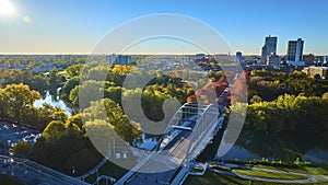 Aerial Autumn Sunrise over Martin Luther King Bridge and Fort Wayne Skyline photo