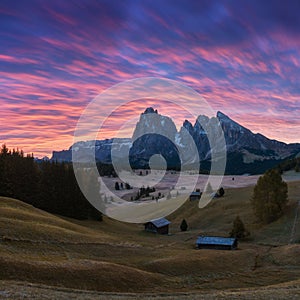 Aerial autumn sunrise scenery with yellow larches and small alpine building and Odle - Geisler mountain group on background.