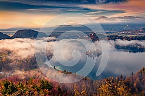 Aerial autumn view of Bled lake.