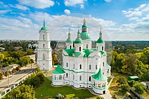 Aerial autumn view of Cathedral of the Nativity of the Most Holy Mother of God  in Kozelets town, Chernihiv region, Ukraine