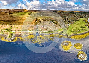 Aerial autumn view of river mouth close to Dunvegan Castle, Isle of Skye