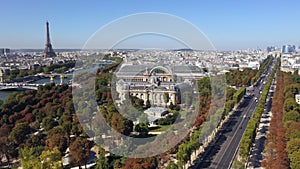 Aerial of Avenue des Champs-Ã‰lysÃ©es Paris France with Seine River and Eiffel Tower