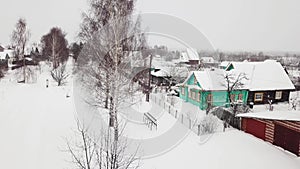 Aerial backward view authentic countryside village settlement old green house