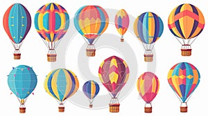 Aerial baloon with basket in flight. Flying airballoons travel. Hot air transport floating. Aerostats for sky adventure