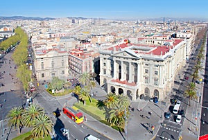 Aerial Barcelona view with Ramblas and Colon