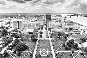 Aerial of baton Rouge with  Huey Long statue and  skyline