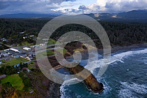 Aerial of Battle Rock in Port Orford