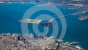 Aerial of bay with downtown San Francisco and bay bridge