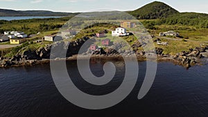 Aerial beach houses on the East Coast of Newfoundland Canada.