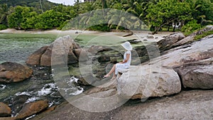 Aerial beach reveal footage on tropical coast at Anse Forbans. Mahe Island, Seychelles