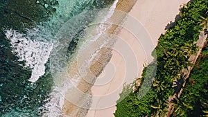 Aerial beach reveal footage on tropical coast at Anse Forbans. Mahe Island, Seychelles