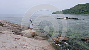 Aerial beach reveal footage on tropical coast at Anse Forbans. Mahe Island, Seychelles