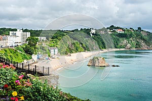 Aerial beach view from the town North Side of Tenby Beach, Wales