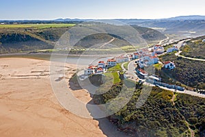 Aerial from the beach and village Odeceixe in Portugal