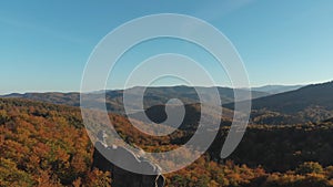 AERIAL: Beautiful autumn trees in yellow, orange and red forest on sunny autumn day. Fall foliage in autumn forest