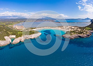 Aerial beautiful beach and water bay in the greek spectacular coast at half moon Voidokilia famous beach of Peloponnese. Turquoise