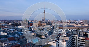 AERIAL: Beautiful Daylight Drone Hyper Lapse, Motion Time Lapse over Berlin with Alexanderplatz TV Tower view and Blue