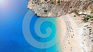 Aerial. Beautiful Kaputas beach with turquoise water, Turkey. Picturesque sea bay in southwestern Turkey.