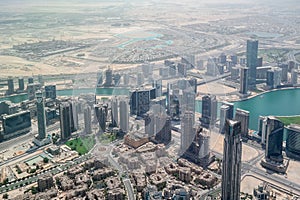 Aerial beautiful view of Downtown Dubai, Skyscrapers and landmarks - Dubai mall and the Dubai fountain, a view from Burj Khalifa