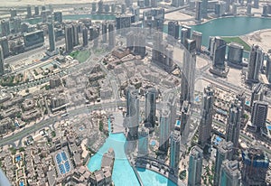 Aerial beautiful view of Downtown Dubai, Skyscrapers and landmarks - Dubai mall and the Dubai fountain, a view from Burj Khalifa