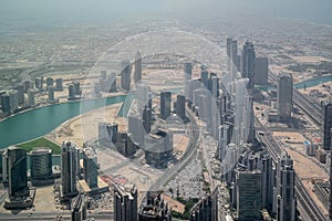 Aerial beautiful view of Downtown Dubai, Skyscrapers and landmarks - Dubai mall and the Dubai fountain, a view from Burj Khalifa