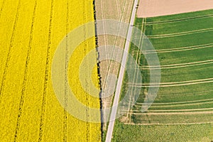 Aerial beautiful view of german countryside landscape. Natural color pattern of farm fields in sunny summer day
