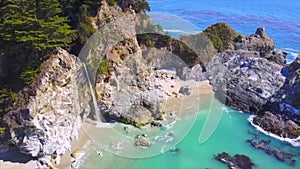 Aerial of Big Sur over a waterfall cascading from rocks down onto the beach