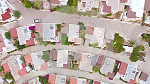 Aerial bird eye view of the country village on the hillside at sunset.Cozy place