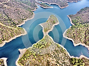 Aerial bird's eye drone view of water Lefkara reservoir river lake Cyprus