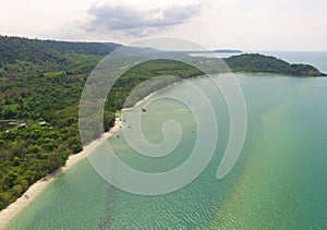 Aerial bird`s eye view of emerald green placid sea and the Gulf of Thailand`s coast