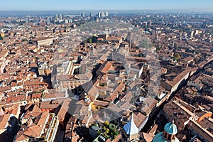 Aerial bird view from Asinelli Tower on Bologna