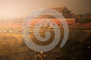 An aerial bird view of the the famous Forbidden City in Beijing, China. The vast area of the architectural complex