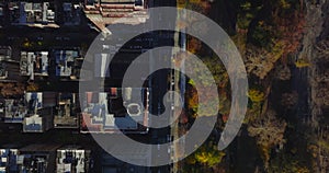 Aerial birds eye overhead top down view of town development along park with autumn colour trees lit by sun. Manhattan