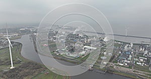 Aerial birds eye view on chemical industry, including facilities like Glycerin Refinery, salt factory, and other