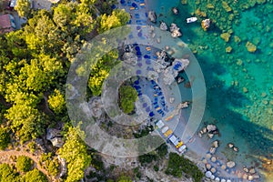 Aerial birds eye view drone photo Anthony Quinn near Ladiko bay on Rhodes island, Dodecanese, Greece. Panorama with nice lagoon photo