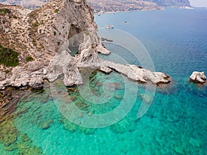 Aerial birds eye view drone photo beach on Rhodes island, Dodecanese, Greece. Panorama with nice lagoon and clear blue water.