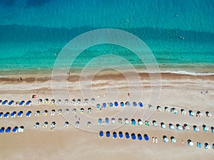 Aerial birds eye view drone photo of Elli beach on Rhodes city island, Dodecanese, Greece. Panorama with nice sand, lagoon and