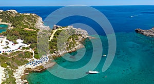 Aerial birds eye view drone photo Ladiko bay near Anthony Quinn on Rhodes island, Dodecanese, Greece. Panorama with nice lagoon