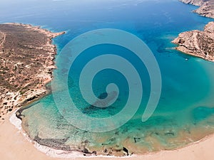 Aerial birds eye view drone photo Prasonisi on Rhodes island, Dodecanese, Greece. Panorama with nice lagoon, sand beach and clear