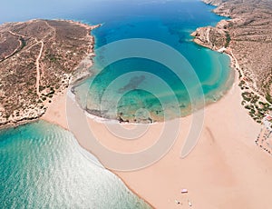 Aerial birds eye view drone photo Prasonisi on Rhodes island, Dodecanese, Greece. Panorama with nice lagoon, sand beach and clear
