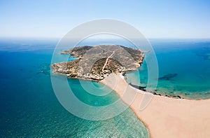 Aerial birds eye view drone photo Prasonisi on Rhodes island, Dodecanese, Greece. Panorama with nice lagoon, sand beach and clear